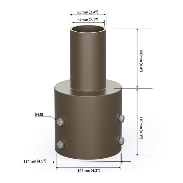 Dimensions of a tenon adapter for a 4 inch round light pole with a 2-3/8 inch top tenon
