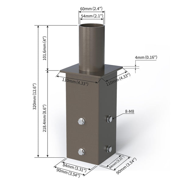 Dimensions of a long version tenon adapter for a 4 inch square light pole