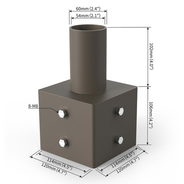  Dimensions of a outside mounted tenon adapter for a 4 inch square light pole