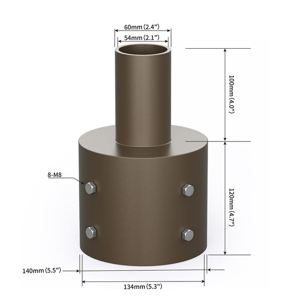 Dimensions of a tenon adapter for a 5 inch round light pole
