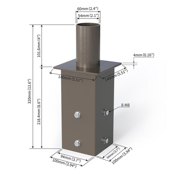 Dimensions of a long version tenon adapter for a 5 inch square light pole