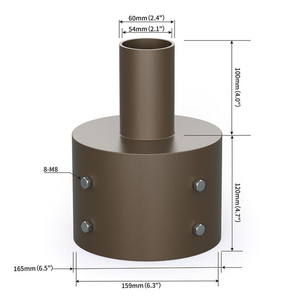 Dimensions of a tenon adapter for a 6 inch round light pole