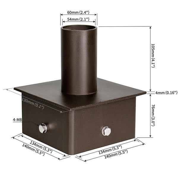 Dimensions of a tenon adapter for a 6 inch square light pole