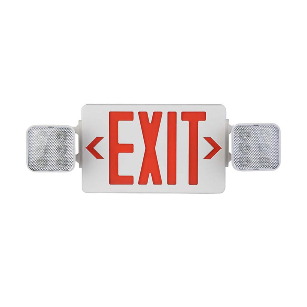 LED exit sign with two bright lights on either side, where the word 'EXIT' is displayed in bold red letters