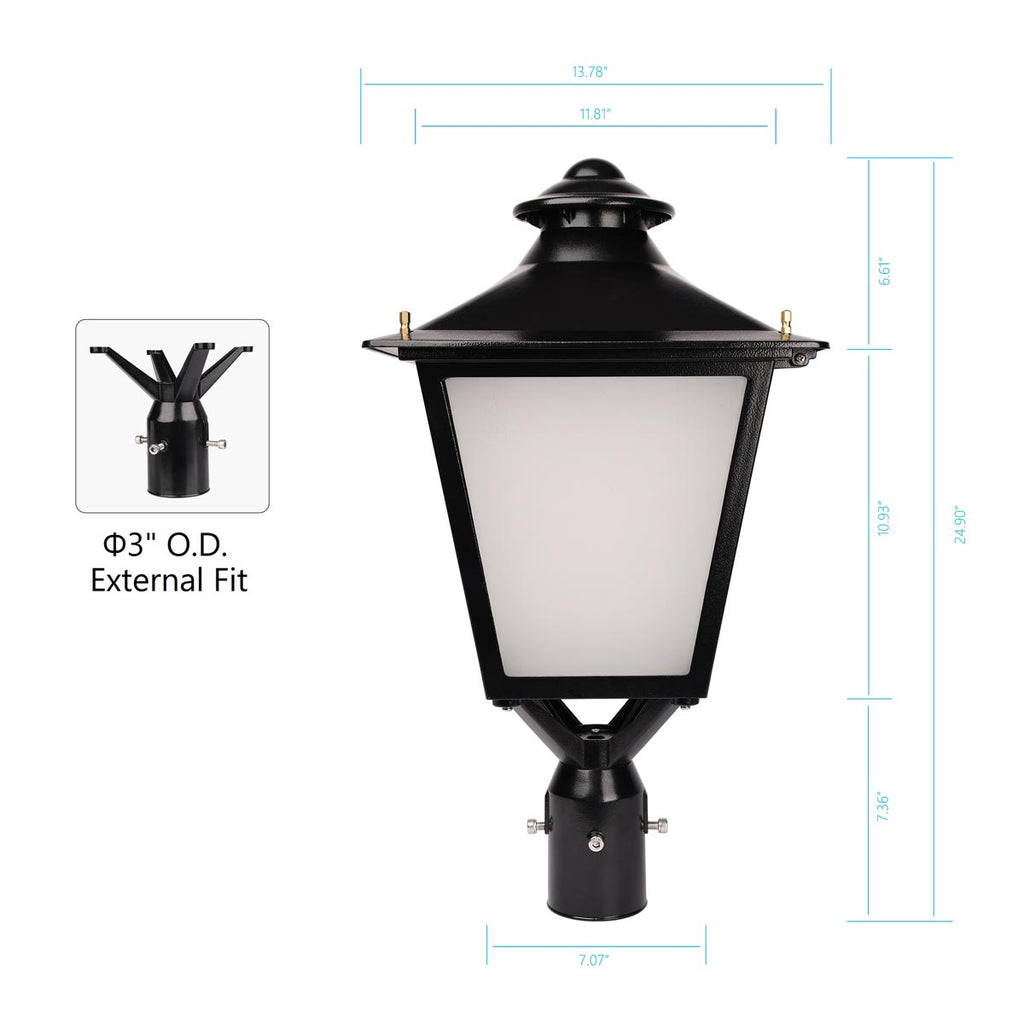 Black LED post top lantern with tunable color temperature, aluminum alloy housing, frosted glass diffuser, Type V distribution, and a THD of less than 20%. It is designed to fit a 3-inch pole mount, either internally or externally.