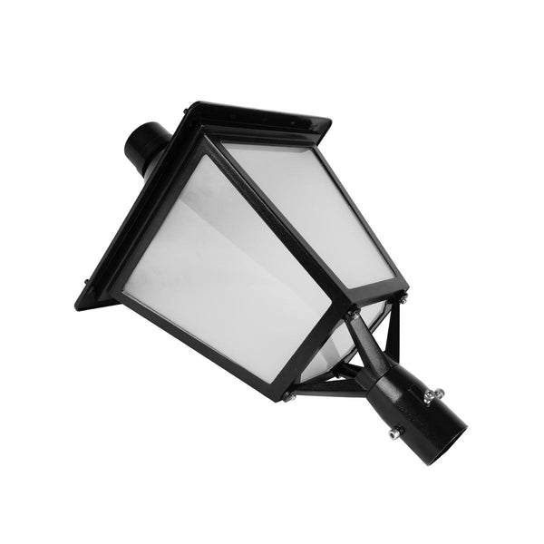Black LED post top lantern with tunable color temperature, aluminum alloy housing, frosted glass diffuser, Type V distribution, and a THD of less than 20%. It is designed to fit a 3-inch pole mount, either internally or externally.