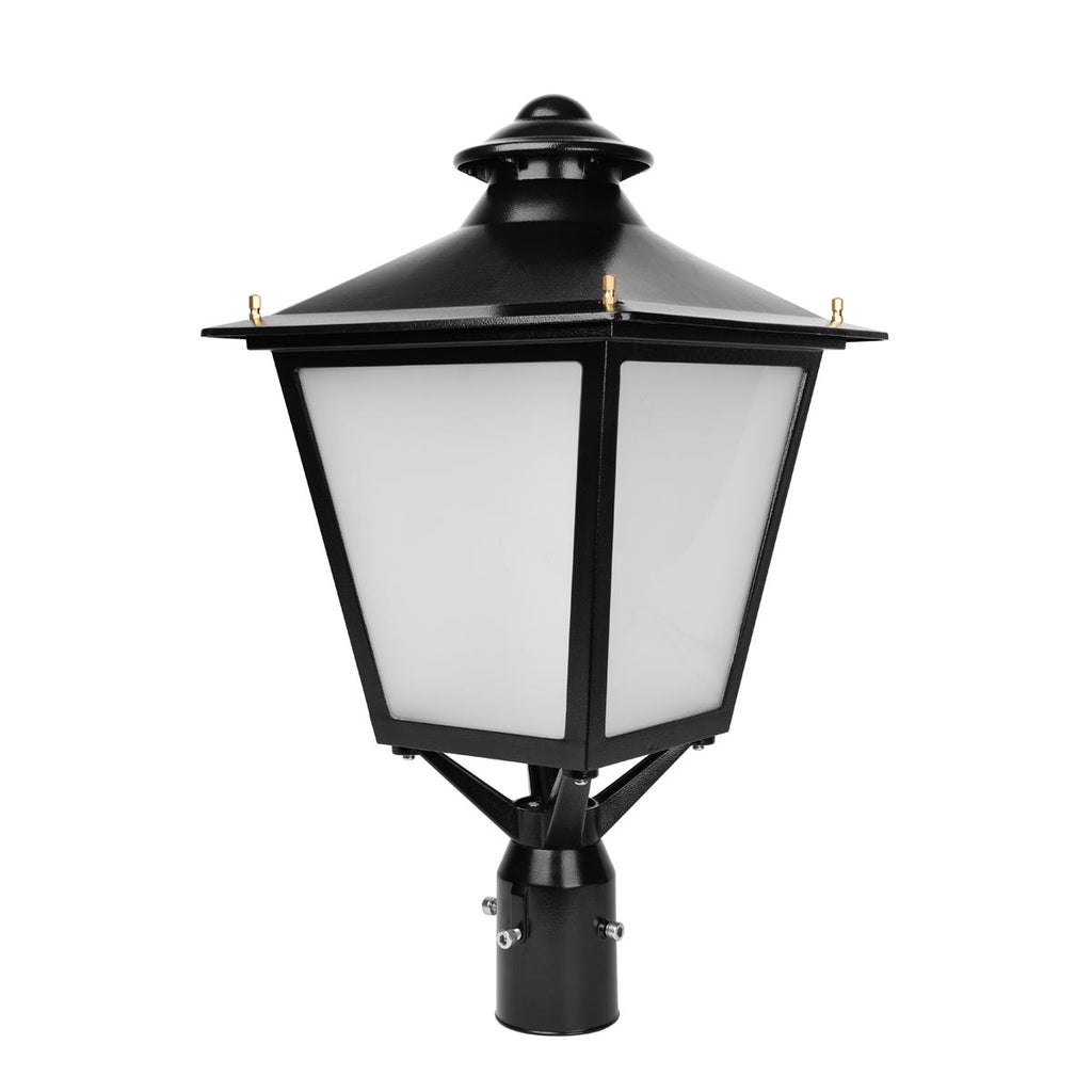 Black LED post top lantern with tunable color temperature, aluminum alloy housing, frosted glass diffuser, Type V distribution, and a THD of less than 20%. It is designed to fit a 3-inch pole mount, either internally or externally.