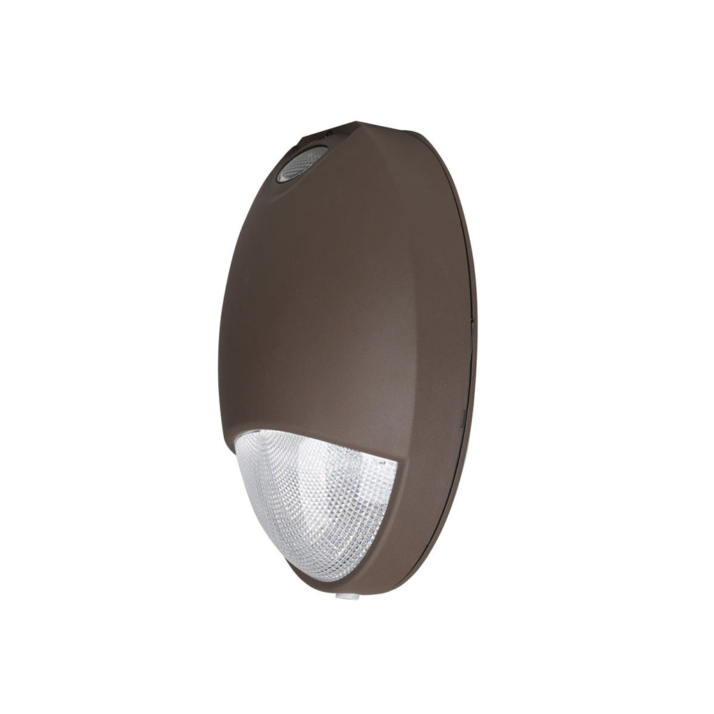wall-mounted led outdoor emergency light with a built-in photo cell and emergency backup battery, ensuring automatic dusk-to-dawn lighting and reliable illumination during power outages or emergencies